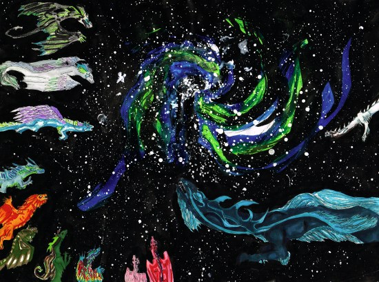 Original Artwork. Image shows twelve dragons flying through space towards a spinning galaxy. Art is mixed media, ink, copic, and watercolor, and is stylized.