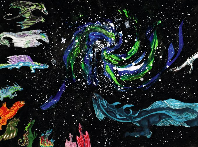 Original Artwork. Image shows twelve dragons flying through space towards a spinning galaxy. Art is mixed media, ink, copic, and watercolor, and is stylized.