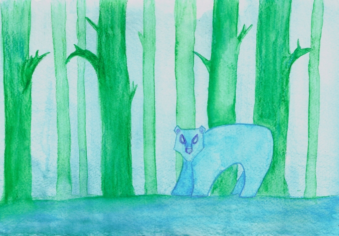 Image shows a watercolor art piece that features a stylized background of green trees in blue mist, with a blue forest floor, and a stylized blue bear with an angular face.