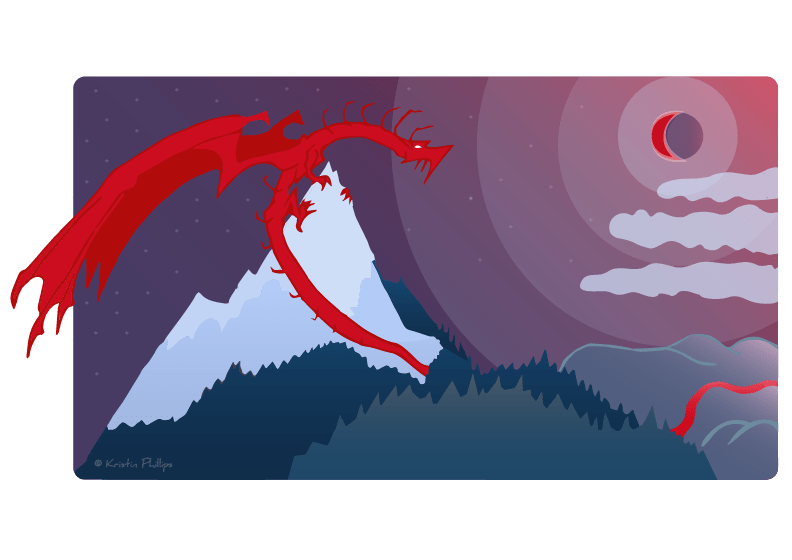 Image: Artwork depicting a red dragon perching on top of a mountain. Art work is stylized with a minimal color palette of reds, blues, and purples.