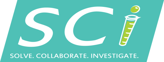 Logo for SCI. Image: A teal square, slanted to the right, spells out "SCI: Solve. Collaborate. Investigate" in italic letters. The I in SCI is a green test tube.