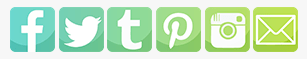 Social Media Icons. Image shows six social media icons in a row. Each is a rounded square, and the gradient across all of them ranges from teal to green. Social media are as follows, left to right: Facebook, Twitter, tumblr, Pinterest, Instagram, Email.