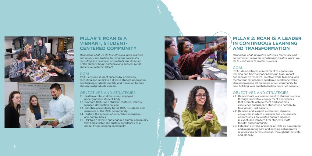 Image is a spread (two pages) from the strategic plan. The left side of the page is a pale blue with a brush stroke separating the right and left. Four images of students and faculty are laid out in two columns next to two columns of text. 