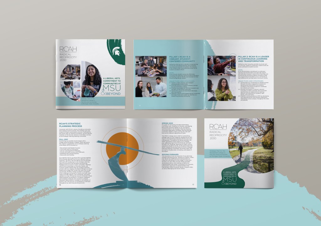 A photo of covers and pages of a booklet laid out. The booklet uses lots of white space, pale blues, and an iconic sculpture with an orange circle behind to connect the text of the Strategic Plan.
